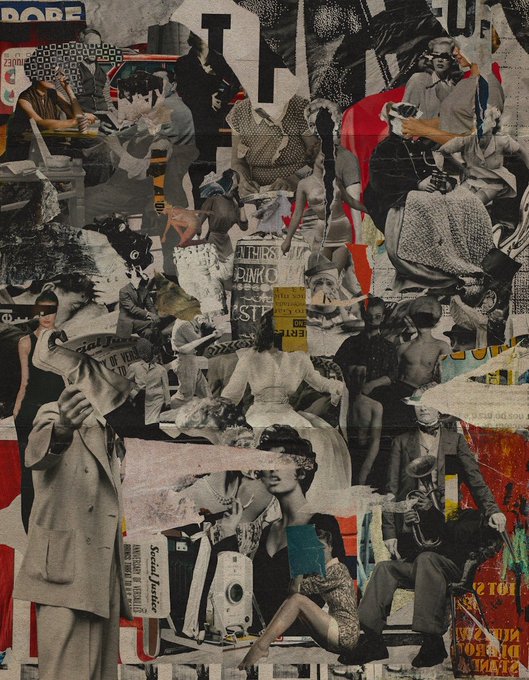 A vintage-style photo collage features overlapping black-and-white images of people, scenes, and fragments of text including "POPE", "PINKO", and "Special Feature".