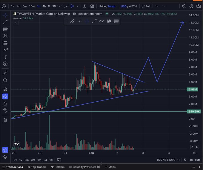 A DexScreener trading chart for the 'TWO/WETH' pair on Uniswap showing market cap reaching 13.96M USD with technical analysis trend lines drawn in blue.