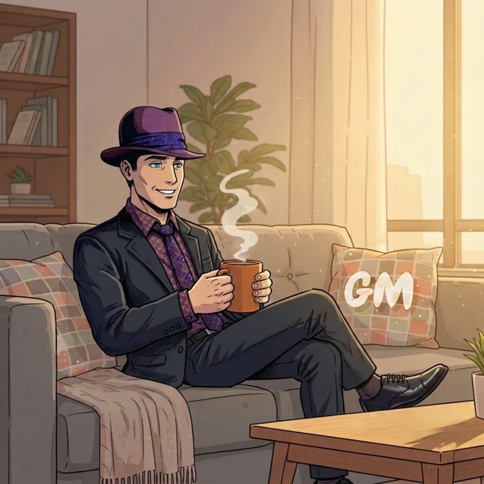 A stylized illustration shows a confident man in a purple fedora and dark suit relaxing on a couch while holding a steaming mug, with "GM" displayed on a pillow beside him. The cozy, welcoming scene perfectly complements the post's friendly "GM" (Good Morning) greeting to the X community, wishing followers a productive day.