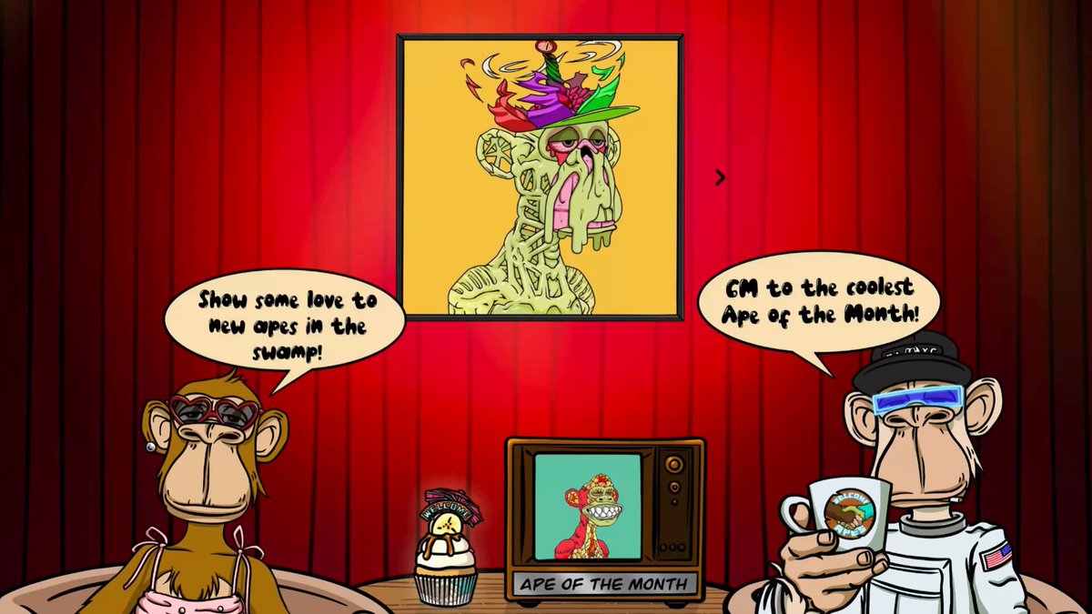 The image features a cartoon depiction of two monkeys sitting at a table with cups of coffee, surrounded by various objects such as a TV, a cupcake, and a cake. The background includes a red wall and a picture frame hanging on it. The caption reads "Show some love to @BoredApeYC members? Check out the New Members section on our website." This suggests that there is an ongoing conversation or discussion about joining a particular group or club in the cartoon, possibly related to the content of the post.