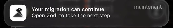 A phone notification reads "Your migration can continue - Open Zold to take the next step," with a French "maintenant" (now) timestamp, suggesting the user can proceed with a migration step in the Zold app. The notification aligns with the post celebrating Zcash devs, likely referencing a wallet or migration tool update relevant to the Zcash community.