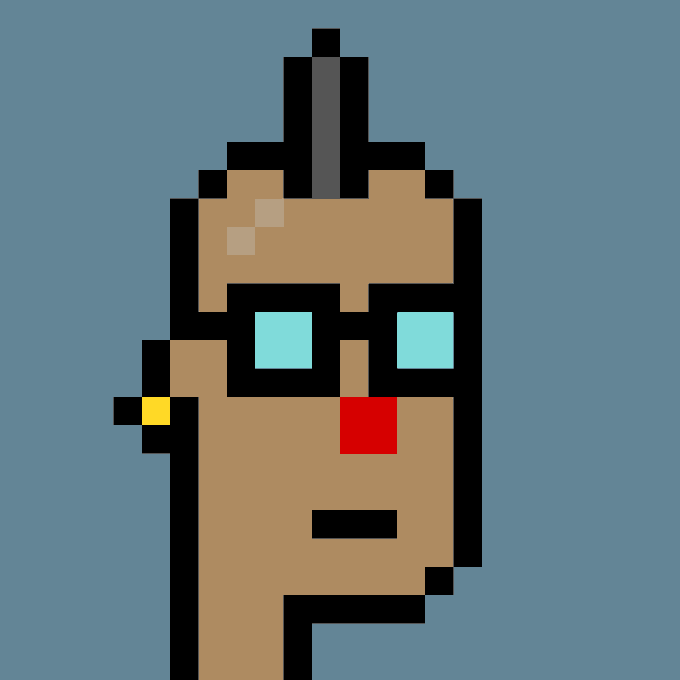 A pixel art portrait of a face with large blue eyes and colorful square blocks against a solid blue background.