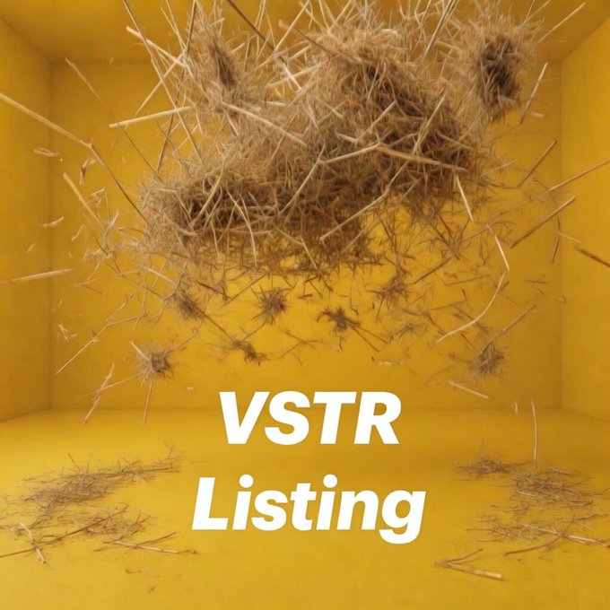 The image features a yellow background with a haystack made of straw, which has been blown up into a large pile by a fan or air current. The text "VSTR LISTING" is written below the haystacks, indicating that this is an advertisement for VSTR listing services.