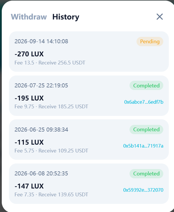 A mobile app withdrawal history screen shows transactions including a pending -270 LUX withdrawal dated 2026-09-14 and several completed transactions converting LUX to USDT.