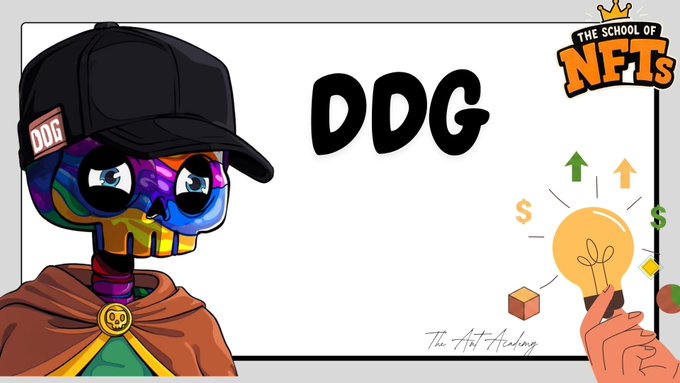 An NFT-style illustration of a colorful skull-headed character wearing a black 'DDG' cap, with 'THE SCHOOL OF NFTs' logo and 'The Art Academy' signature.