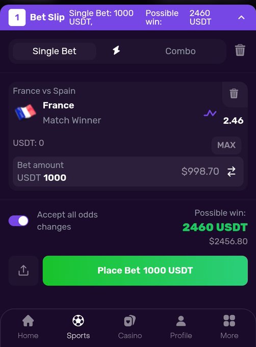 A mobile betting slip on Dexsport showing a 1000 USDT single bet on France to win their World Cup semifinal against Spain at odds of 2.46, with a potential payout of 2460 USDT. The image visually supports the post by displaying the exact wager backing France to advance to the final at the quoted odds.