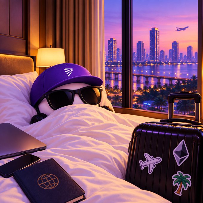 A stylized image of a character wearing a purple cap and sunglasses lying in a bed, with a black suitcase featuring Ethereum and other crypto symbols beside them, overlooking a city skyline at sunset.
