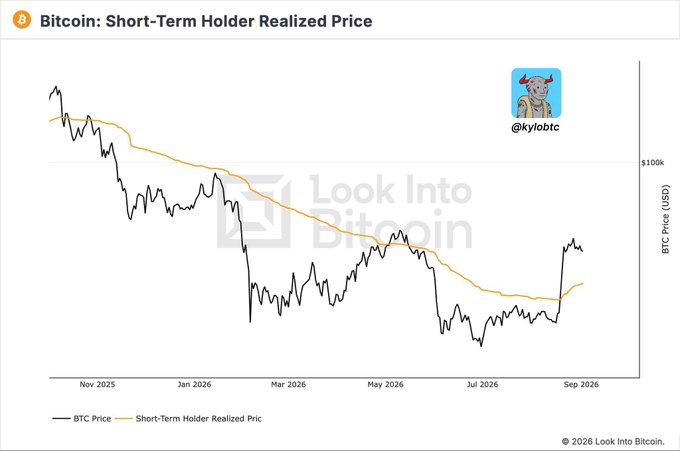 A chart titled “Bitcoin: Short-Term Holder Realized Price” compares BTC Price with Short-Term Holder Realized Price from November 2025 through September 2026, with an @kylo_btc profile label.