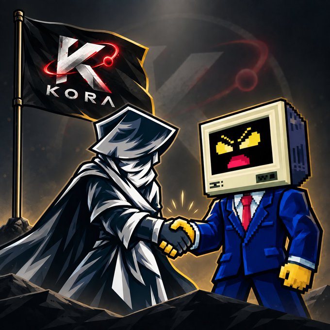 A digital illustration shows a hooded figure in a cloak shaking hands with a character whose head is a retro computer monitor displaying a pixelated face, with a black flag bearing the 'KORA' logo and 'VR' text in the background.