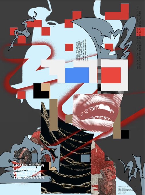 A surreal digital collage artwork featuring a red-tinted mouth, gold chains, light blue creature silhouettes, scattered red and white squares, and text reading 'LIQUIDITY IS A LIE FLEX ARE THE GRAMMAR.'
