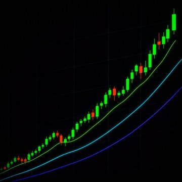 A financial chart with a black background displaying a rising candlestick pattern with green and red candles and multiple colored moving average trendlines.