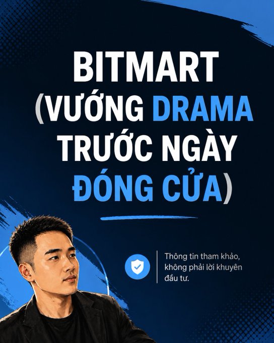 Vietnamese language cryptocurrency graphic titled 'BITMART (VƯỚNG DRAMA TRƯỚC NGÀY ĐÓNG CỬA)' featuring a young man in a dark shirt with a disclaimer that it's for reference only.