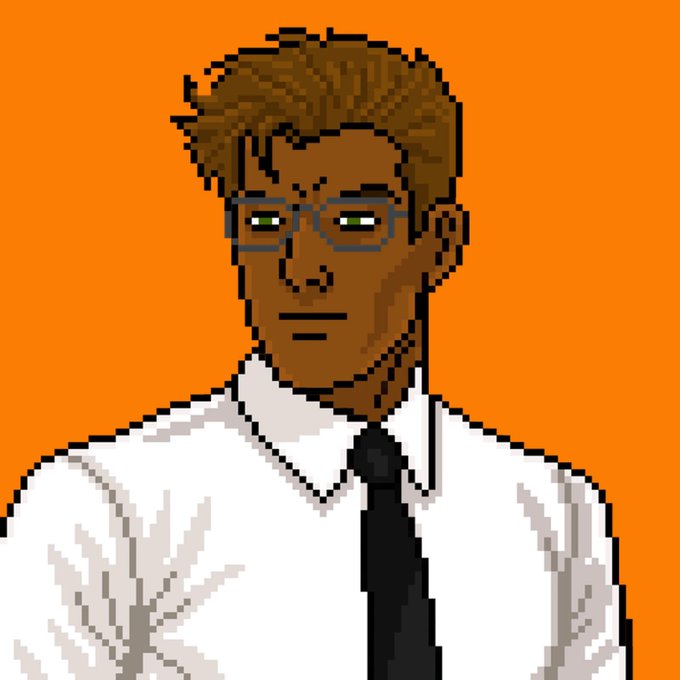 A pixel art portrait of a man with glasses, brown hair, wearing a white shirt and black tie on an orange background.