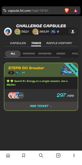 The image displays a mobile device screen showing details about a video game, such as its gameplay and available items. The game appears to be called "Stepn Go Sneaker" or "Stepn GO Sneaker Challenge", possibly indicating that this is a digital download of an online gaming experience. The player has reached a new level and must add a ticket to proceed further in the challenge. The screen also includes details about the player's progress, including items collected on their journey within the game.