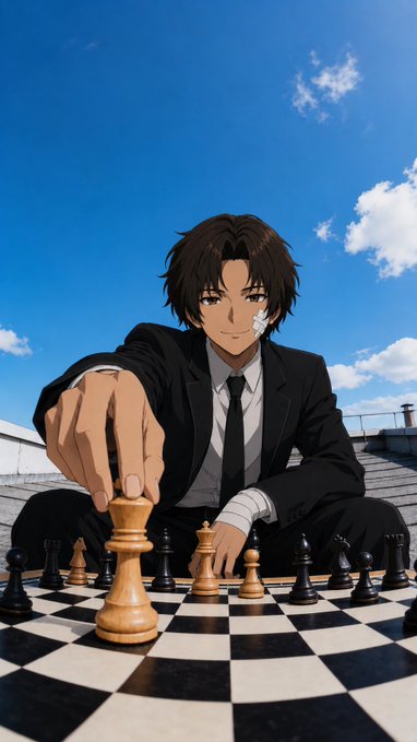 An anime-style illustration depicts a young man with a bandaged hand moving a chess piece on a board against a blue sky.