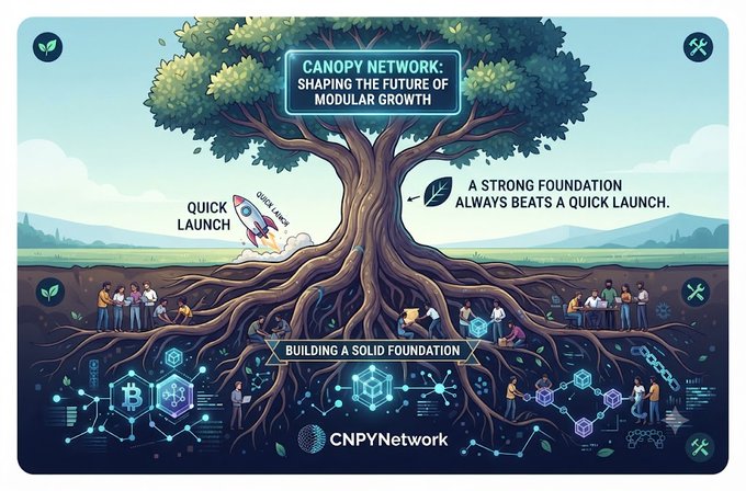 An illustrated infographic promoting CNPYNetwork, featuring a large tree with extensive roots and a rocket launching from it, alongside the text "CANOPY NETWORK: SHAPING THE FUTURE OF MODULAR GROWTH," "QUICK LAUNCH," "A STRONG FOUNDATION ALWAYS BEATS A QUICK LAUNCH," and "BUILDING A SOLID FOUNDATION." The tree imagery directly mirrors the post's metaphor of blockchain foundations being like unseen roots that enable projects like CNPY Network to grow and support new blockchain systems.
