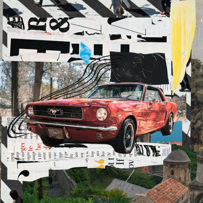 A mixed-media collage featuring a vintage red Ford Mustang superimposed over torn paper with printed text, abstract black shapes, and architectural photographs.