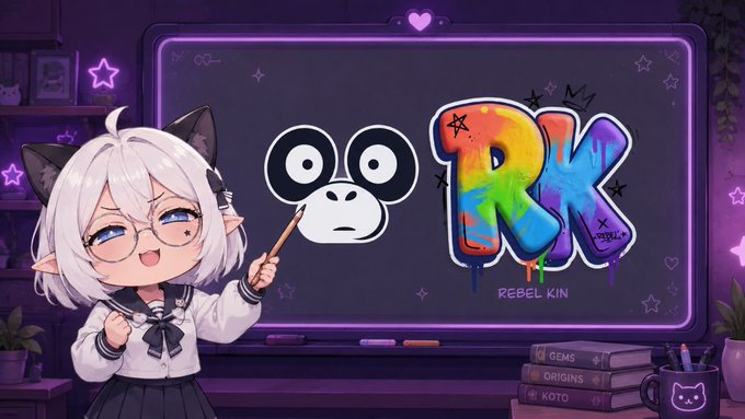 A digital illustration featuring an anime-style cat-girl character with white hair and glasses standing next to a chalkboard. The board displays a drawing of a monkey face and the colorful graffiti-style text 'RK REBEL KIN'.