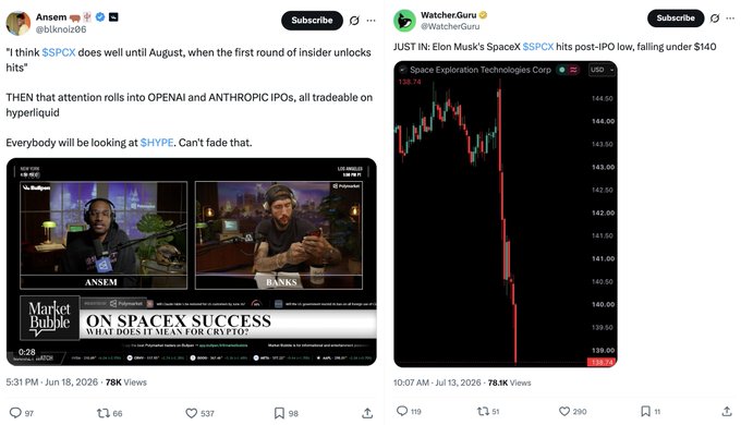 Two tweets side-by-side: one from @blknoiz06 (Ansem) discussing $SSPCX, $OPENA, $ANTHROPIC, and $HYPE IPOs, and another from @WatcherGuru noting SpaceX $SSPCX falling under $140 post-IPO with a corresponding red stock chart.