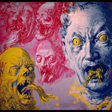 A grotesque illustration depicts three horrific faces in pink, yellow, and blue tones, featuring wide eyes, distorted expressions, and unsettling details like exposed teeth and strange appendages.