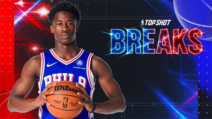 The promotional graphic features basketball player VJ Edgecombe wearing a blue Philadelphia 76ers jersey and holding a Wilson basketball, with "TOP SHOT BREAKS" prominently displayed in bold red and blue lettering on the right side, announcing his appearance as a guest on an NBA Top Shot stream on September 24th.