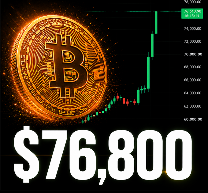 A glowing Bitcoin coin is displayed alongside a candlestick chart showing a sharp price surge to $76,610.90, with bold "$76,800" text emphasizing the cryptocurrency's dramatic rally.