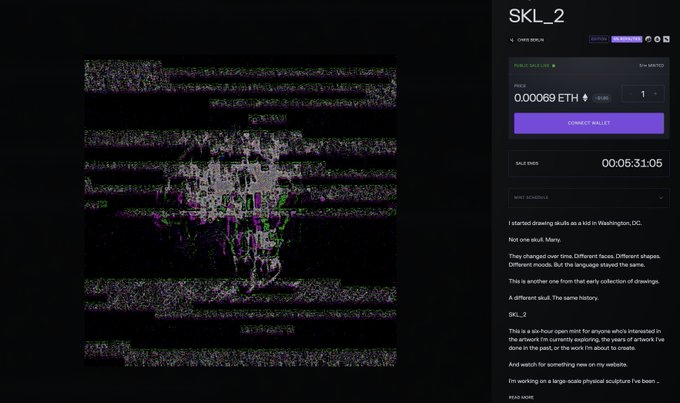 A webpage displays an NFT titled 'SKL_2' priced at 0.00069 ETH, featuring a glitchy skull artwork and a sale end countdown of 00:05:31:05.