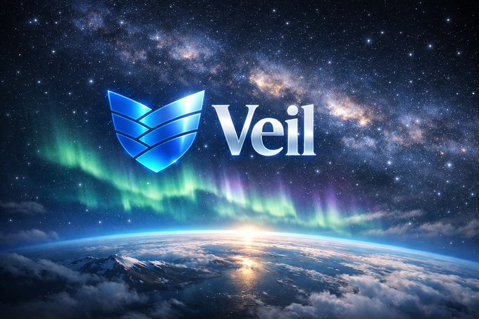 A logo for 'Veil' displayed against a cosmic background featuring the Milky Way, aurora borealis, and a view of Earth from space.