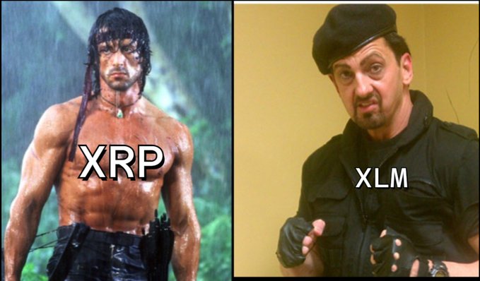 A meme comparing XRP (depicted as a muscular Rambo figure) to XLM/Stellar (depicted as a smaller, less imposing man in a beret), visually reinforcing the post's claim that XRP is "the king" of multi-chain assets and superior to competitors like Stellar.