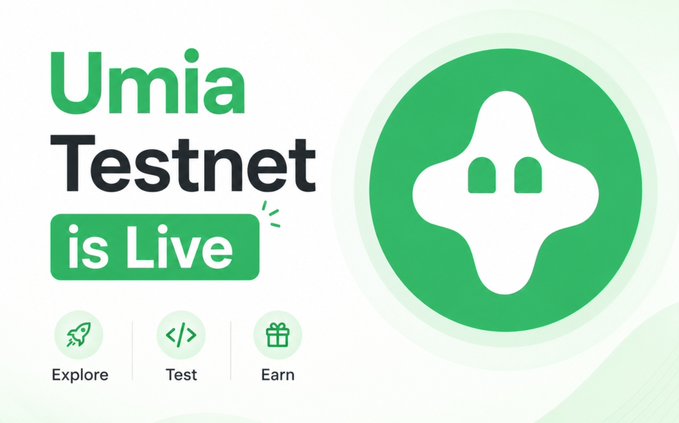 The image is a promotional graphic announcing that the Umia Testnet is live, featuring a green star-like logo and three call-to-action icons labeled "Explore," "Test," and "Earn." It directly corresponds to the post announcing Umia Finance's public testnet launch, highlighting the free opportunity to participate and potentially earn future ecosystem incentives.