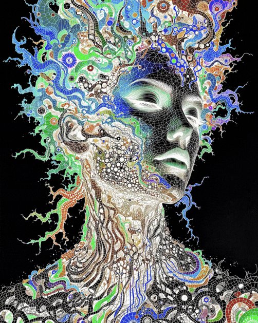The image features an abstract painting of a woman's face with blue, green, white, and black colors. The painting has a unique style that resembles a mosaic or a collage, giving it a three-dimensional appearance. The artist has used various elements such as lines, shapes, and patterns to create the artwork. The post about Soul Wired suggests that this piece of art might be related to the concept of spirituality or self-expression through art.