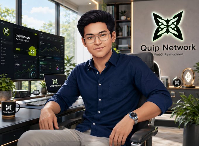 A promotional image for Quip Network ('Web3. Reimagined.') featuring a man in glasses and a blue shirt seated at a desk with multiple monitors displaying cryptocurrency charts and the Quip Network butterfly logo.