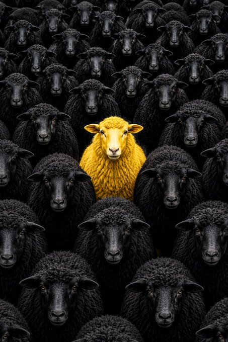 An artistic image showing a crowd of black sheep, with one bright yellow sheep standing out in the center.