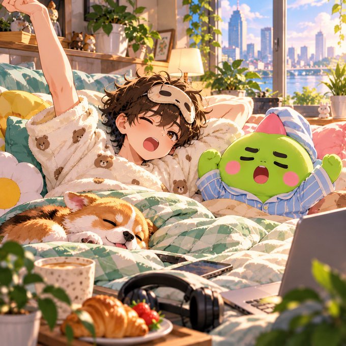 An anime-style illustration of a boy wearing a bear eye mask sleeping in a bed next to a cat and a green plush toy wearing pajamas.