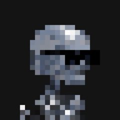 A pixelated grayscale artwork depicting a robotic or armored figure in a helmet, shown in a monochromatic black, white, and gray palette. The minimalist, muted aesthetic aligns with the poster's excitement about randomly minting two monochrome-themed NFTs, giving the image a fitting "black and white" vibe.