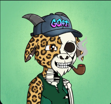 A cartoon illustration of a skeletal character wearing a leopard-print cowboy hat labeled 'GOAT,' smoking a pipe, set against a green background.