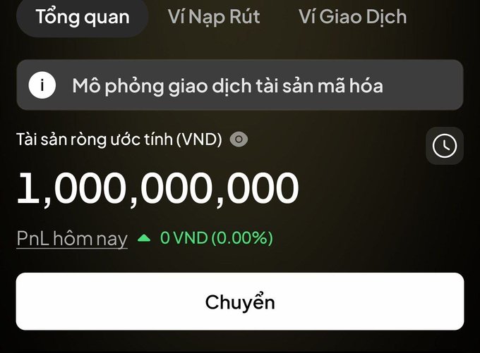 The image shows a Vietnamese crypto trading app interface displaying a simulated portfolio with 1,000,000,000 VND in estimated net assets and 0 VND (0.00%) PnL for the day, under the heading "Mô phỏng giao dịch tài sản mã hóa" (Simulated crypto asset trading). This relates to the post by expressing frustration that the platform "Scex" only offers a demo/simulation mode rather than real trading, leaving the user wanting to actually trade but stuck with a fake 1 billion VND portfolio.