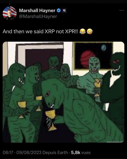 The image features a cartoon depiction of a group of green dinosaurs gathered around, with some holding wine glasses. The caption reads "And then we said XPR not XPR!", which seems to be a reference to a meme or joke about Bitcoin.
