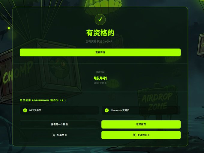 A green-themed eligibility confirmation screen displays a checkmark with Chinese text "有资格的" (Eligible), showing the user qualifies for 4,464,444 CHOMP代币 (CHOMP tokens) after using Robinhood for NFT and Memecoin trading, with options to view airdrop details and return to the homepage via check.chompcoin.fun.