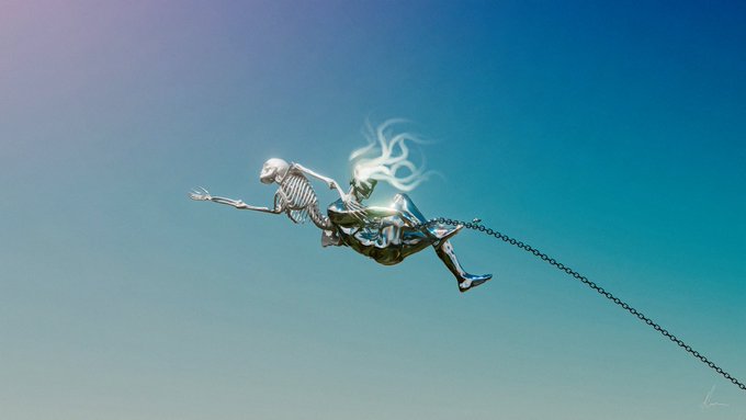 A skeletal figure with a glowing core soars through a clear blue sky, tethered by a chain trailing behind. The artwork, titled "Even If You Hold Me Back" on Foundation (0.2 ETH), visually embodies the tension between restraint and liberation as the spirit surges forward despite the chain binding it.