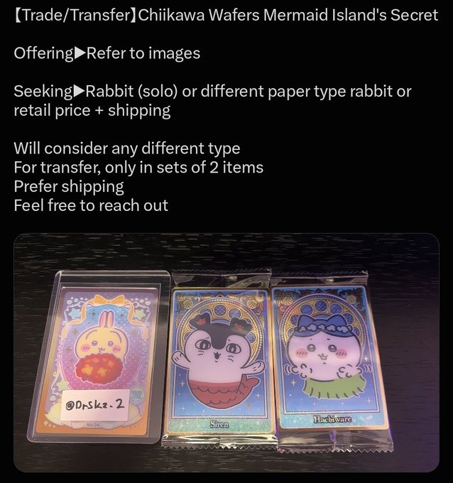 A trade/transfer listing for Chiikawa Wafers 'Mermaid Island's Secret' cards, offering them for a Rabbit (solo) or other rabbit paper type, with a photo showing three collectible cards featuring rabbit and mermaid characters.