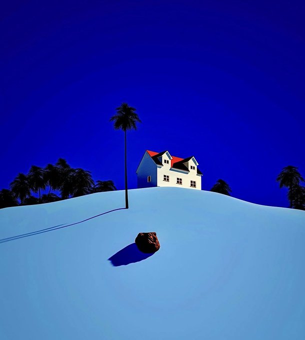 A stylized illustration of a white house with a red roof on a light blue snowy hill under a dark blue sky, featuring a palm tree and a dark rock in the foreground.