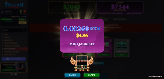 A slot machine game screen shows a winning 'MINI JACKPOT' of '0.00260 ETH' worth '$4.96' with glowing trophy and wings below.