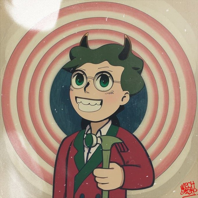 A cartoon-style digital painting depicts a smiling, horned character with green hair and round glasses, wearing a red coat and holding a cane, set against a red and white spiral background with an artist signature 'MECH SHEP' in the corner.