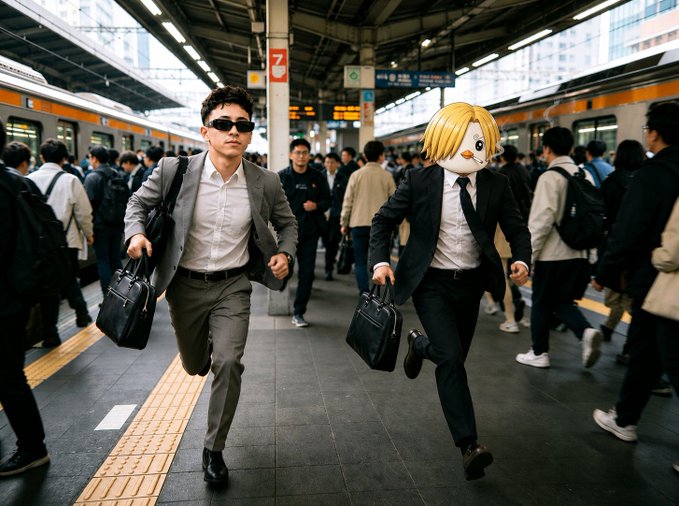 A man wearing sunglasses and carrying a briefcase runs past another man dressed in a suit with a mask over his face, both of them running through an airport terminal. The image also includes several other people walking around or waiting at the station.