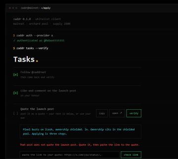 A dark-themed terminal interface showing zsh commands on 'zaid@macmst' with shell input 'add 0.1.0 whitelist iliset', 'zshde auth --provider x', and 'zshde tasks --verify', displaying a 'Tasks.' section with options to follow Shibbireel, like and comment on the launch post, and quote the launch post with copy and verify buttons.