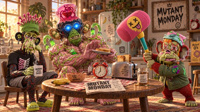 A colorful, stylized illustration titled 'MUTANT MONDAY' depicting three grotesque mutant characters having breakfast together with a hammer-wielding monkey, featuring playful labels like 'Monday sucks.'