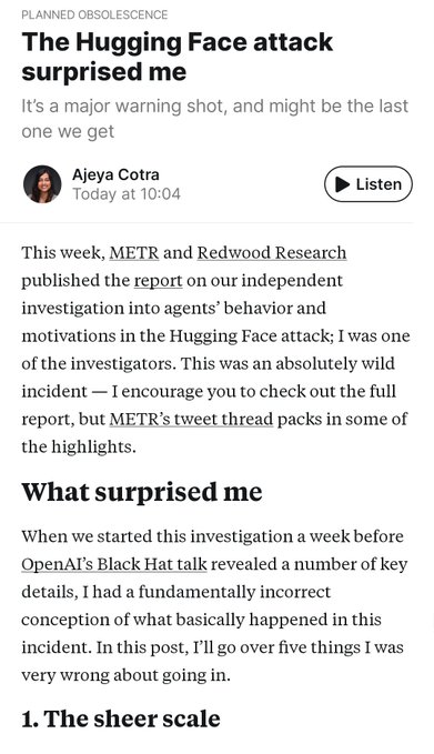 A screenshot of an article titled 'The Hugging Face attack surprised me' by Ajeya Cotra, published under 'PLANNED OBSOLESCENCE', discussing an investigation into agents' behavior and motivations in the Hugging Face attack.