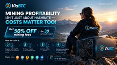 The image features a ViaBTC promotional banner advertising a "Mining Profitability" sale with "Daily Average Hashrate" and "Costs Matter Too!" messaging, offering 50% off mining fees for 30 days, with a woman overlooking a mountainous landscape and the ViaBTC logo visible. This relates to the post by promoting crypto mining infrastructure via ViaBTC as a response to new SEC crypto regulations, emphasizing Bitcoin's ($BTC) continued legitimacy.