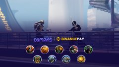 A screenshot from a video game showing character selection with 'SMPLAYS' and 'BINANCE PAY' logos displayed above a row of character avatars.